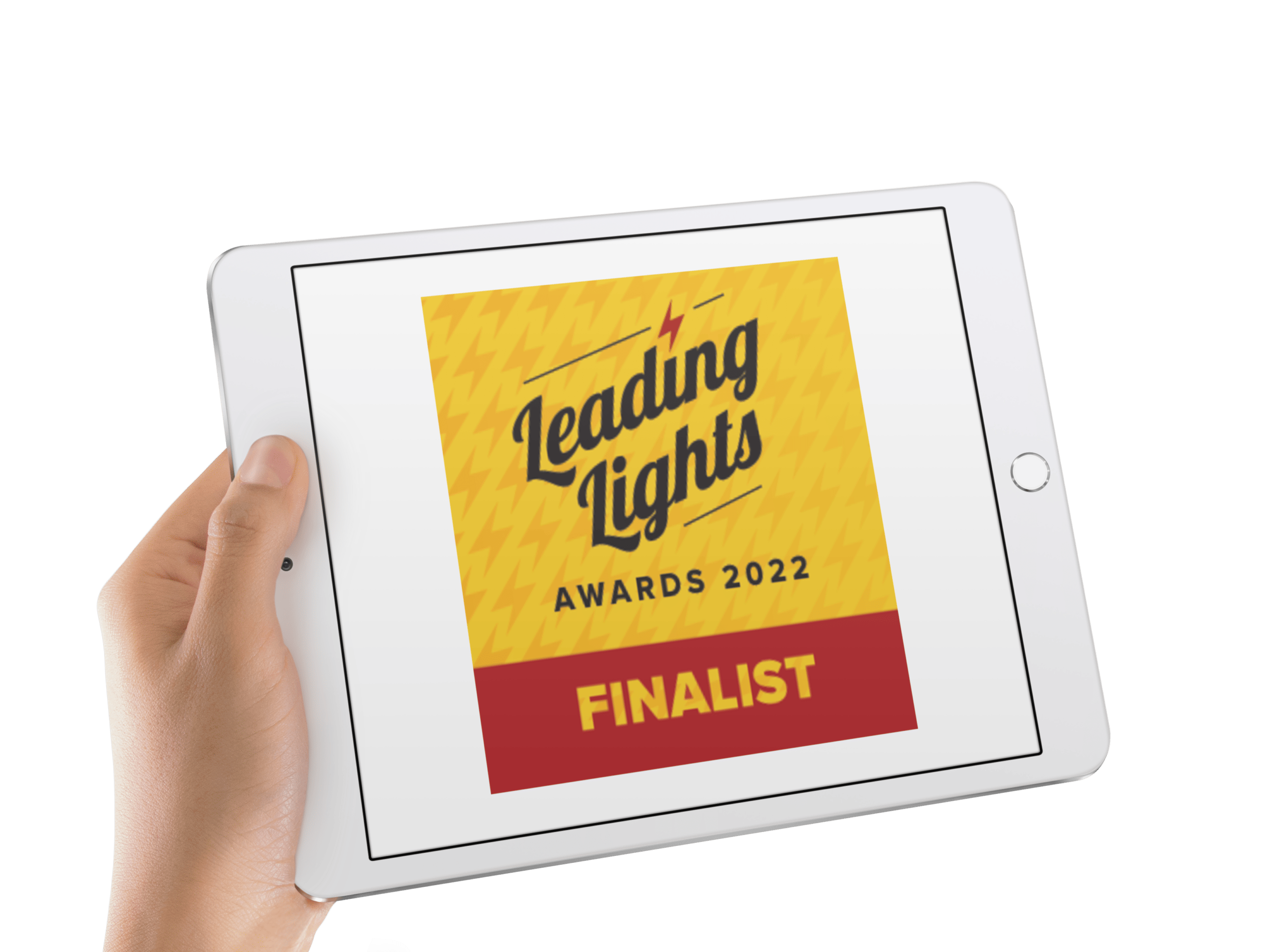 A white iPad is held by a man in a landscape position, displaying DZS as a Leading Lights Award 2022 Finalist.